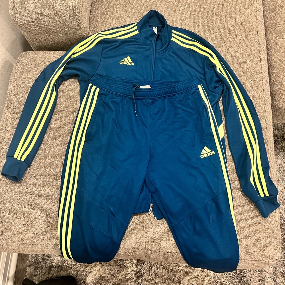 Adidas Men 3-Stripes Track Suit (Jacket&Pant) Legacy Teal/ Pulse Lime Large Size